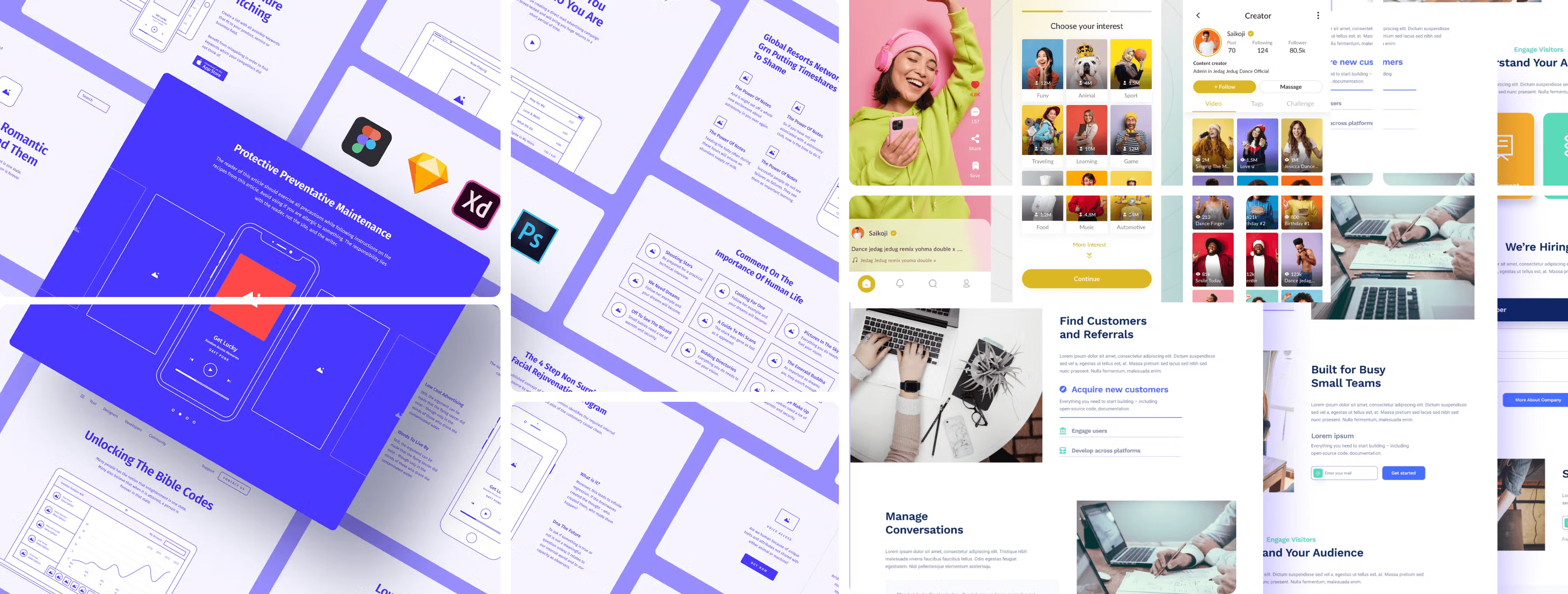 Collage of digital branding and UI design concepts showcasing various web and mobile interfaces, including social media, maintenance apps, and customer engagement platforms.