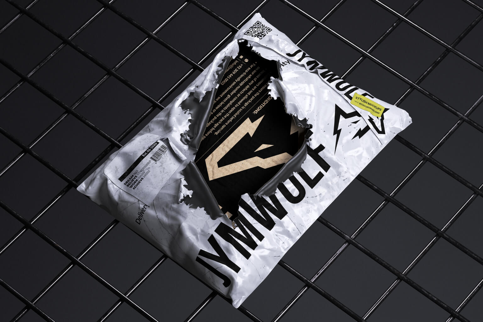 Torn Jymwolf delivery package revealing branded product inside, placed on a metallic grid background.