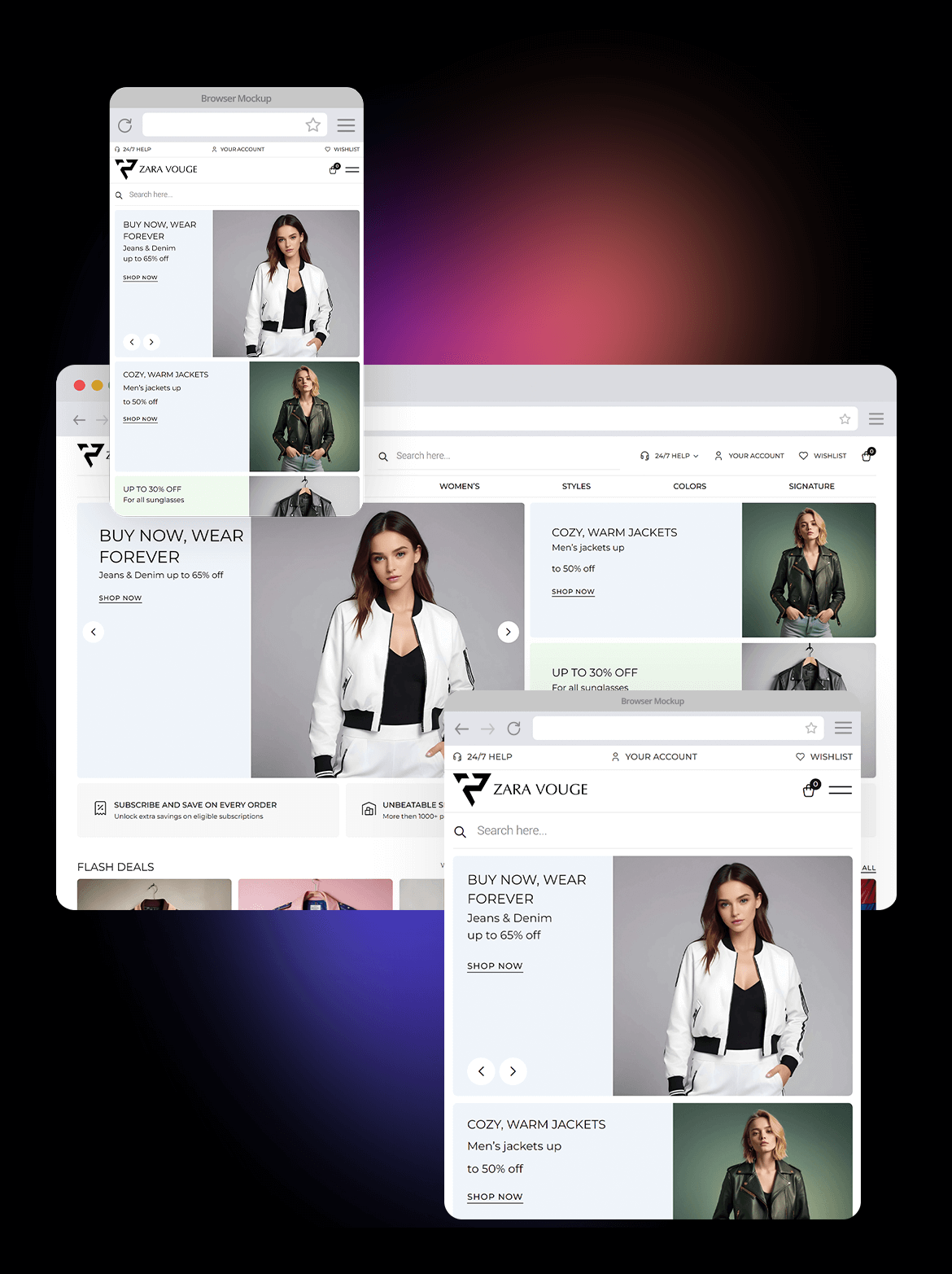 Responsive design mockup of the Zara Vouge online store displayed on various devices, highlighting women's jackets with a sleek, modern interface.