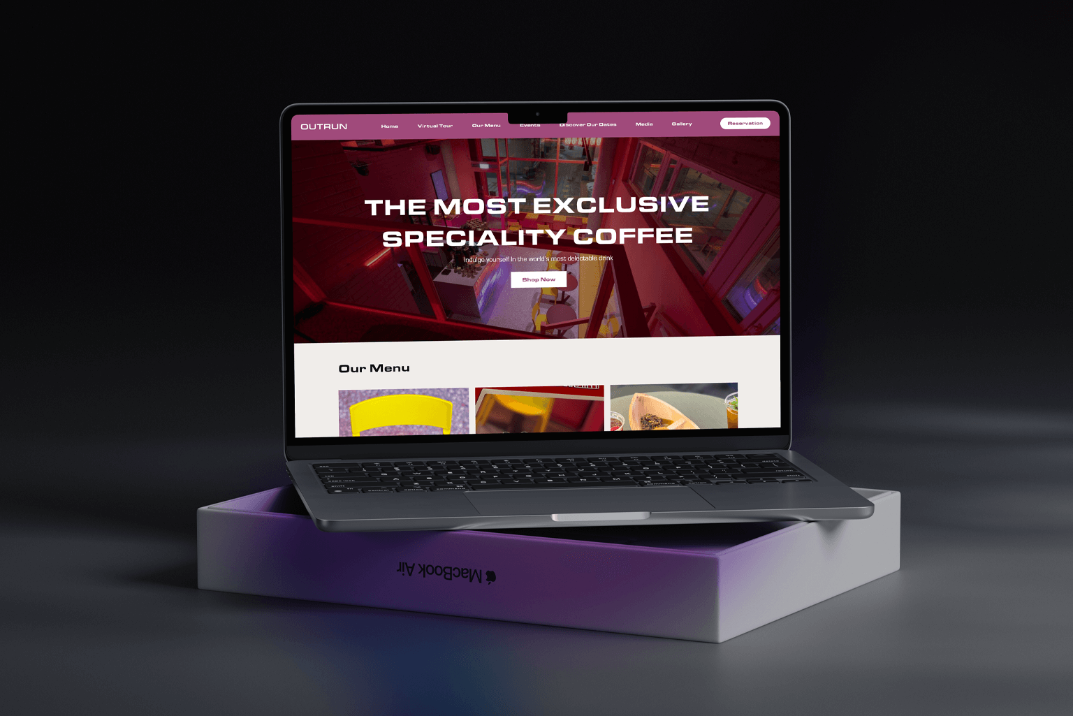 A laptop displaying the Outrun website, featuring the tagline "The Most Exclusive Specialty Coffee" and sections for menu and reservations.