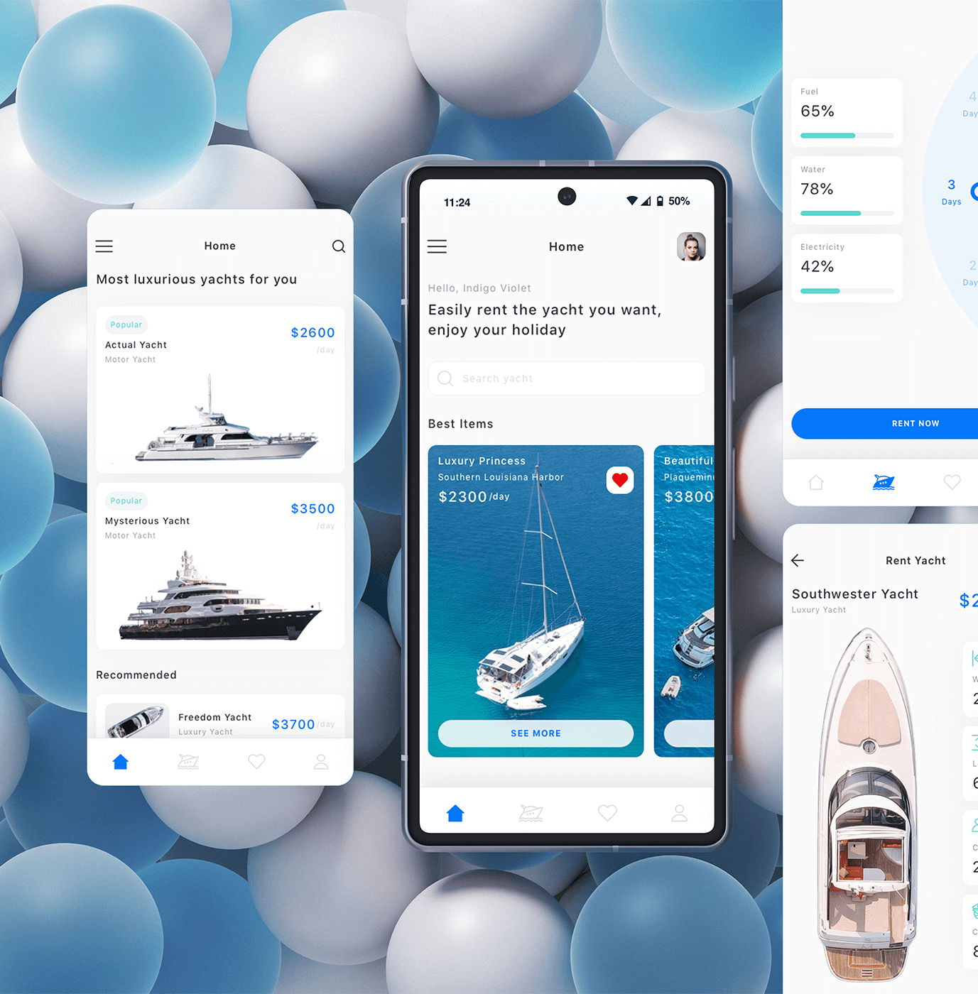 Mobile phone displaying a yacht rental app interface with various yacht options and rental details, set against a background of floating spheres.