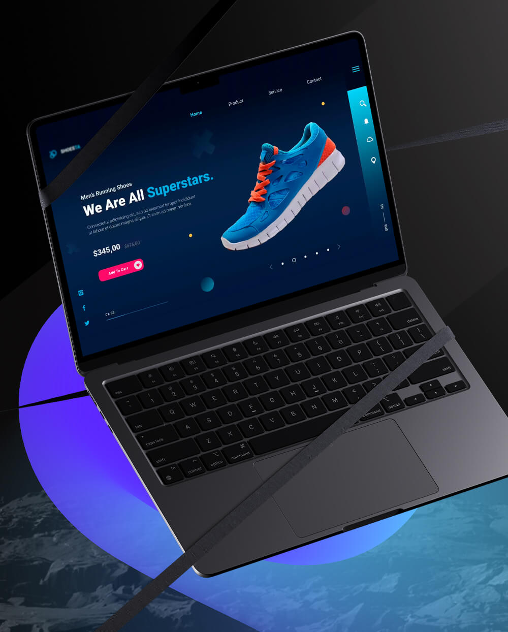 Laptop displaying an e-commerce website for men's running shoes with a modern design.