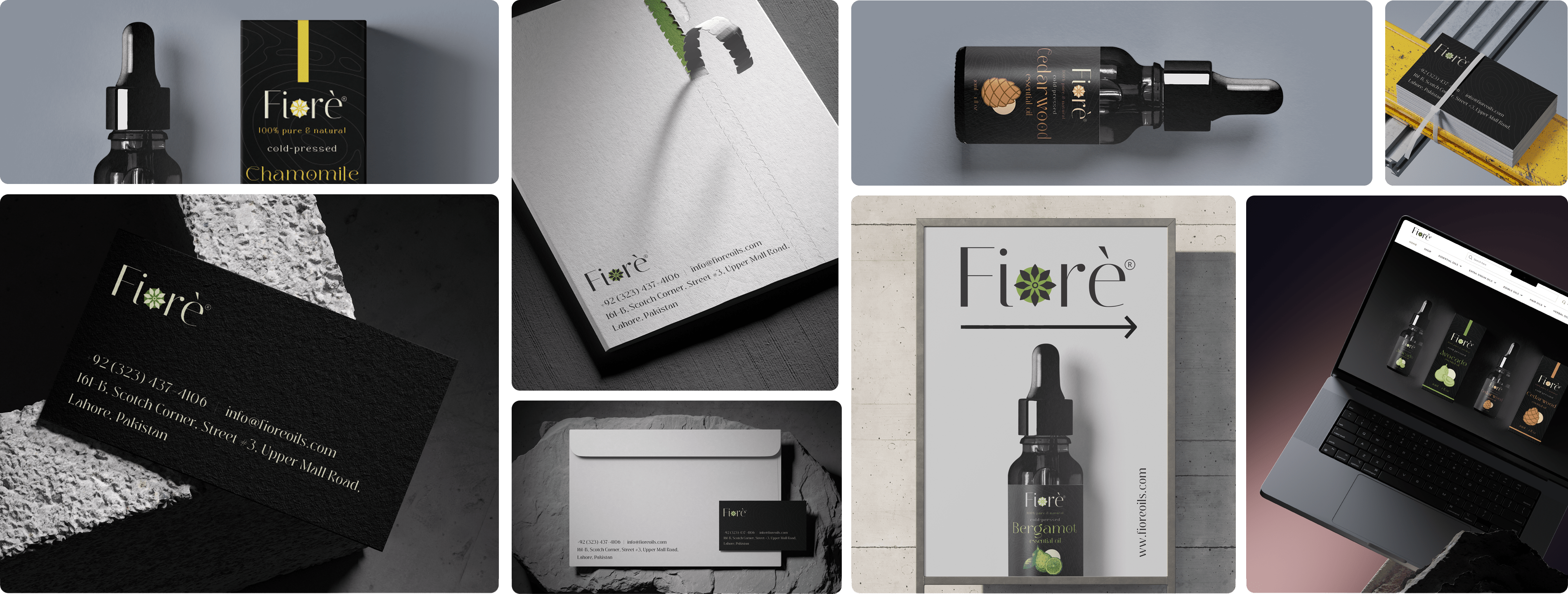 Fiore's cohesive branding showcased across packaging, stationery, and digital platforms.