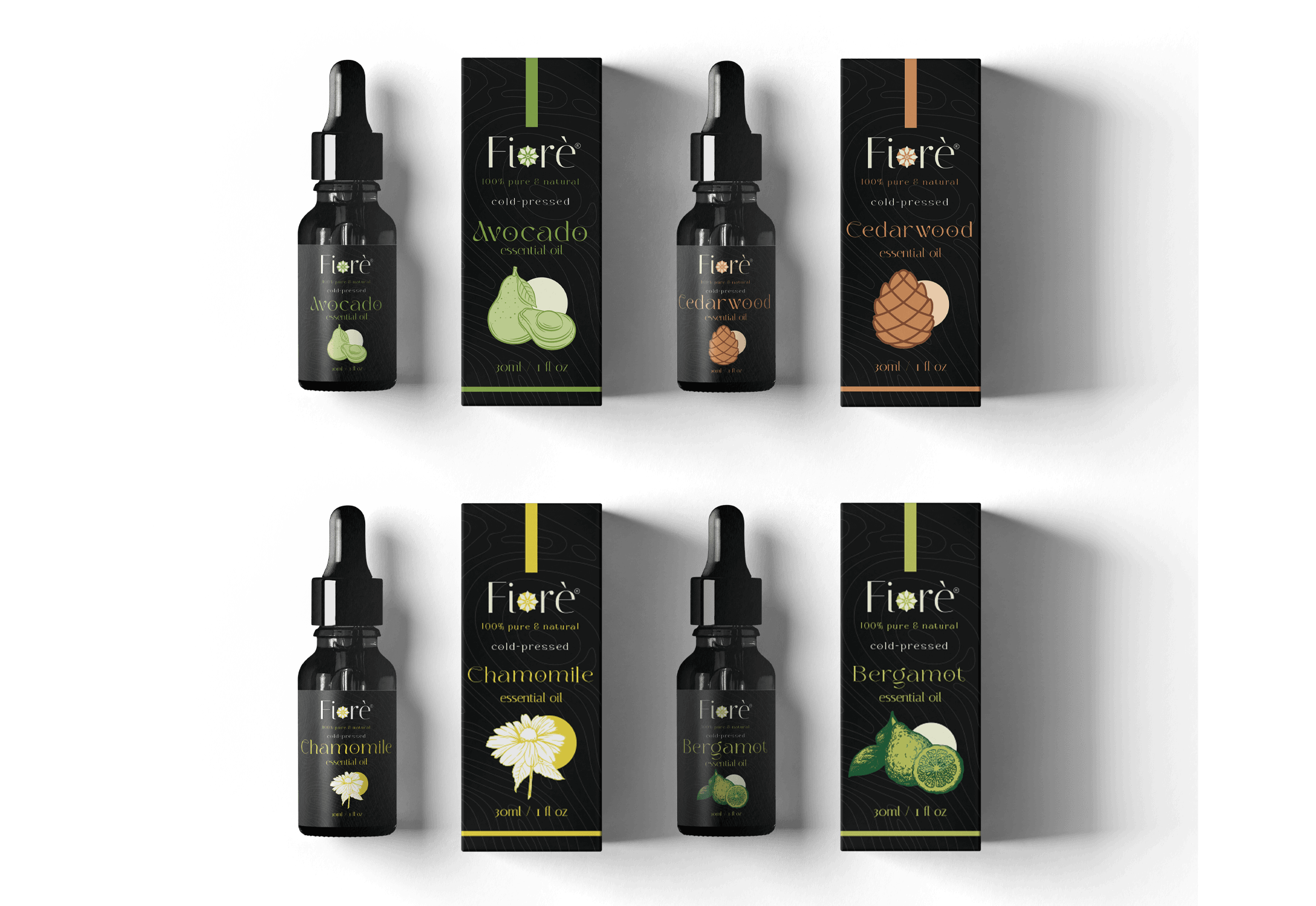 Fiore's premium range of cold-pressed essential oils packaging design.